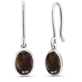 Gem Stone King 925 Sterling Silver Brown Smoky Quartz French Wire Dangle Earrings For Women (1.50 Cttw, Gemstone Birthstone, Oval 7X5MM)