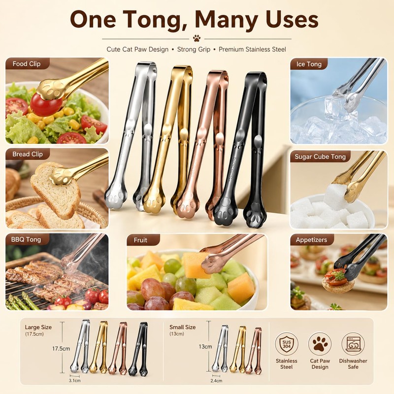 Black Cat Paw Food Tongs 4 Pack, 304 Stainless Steel,