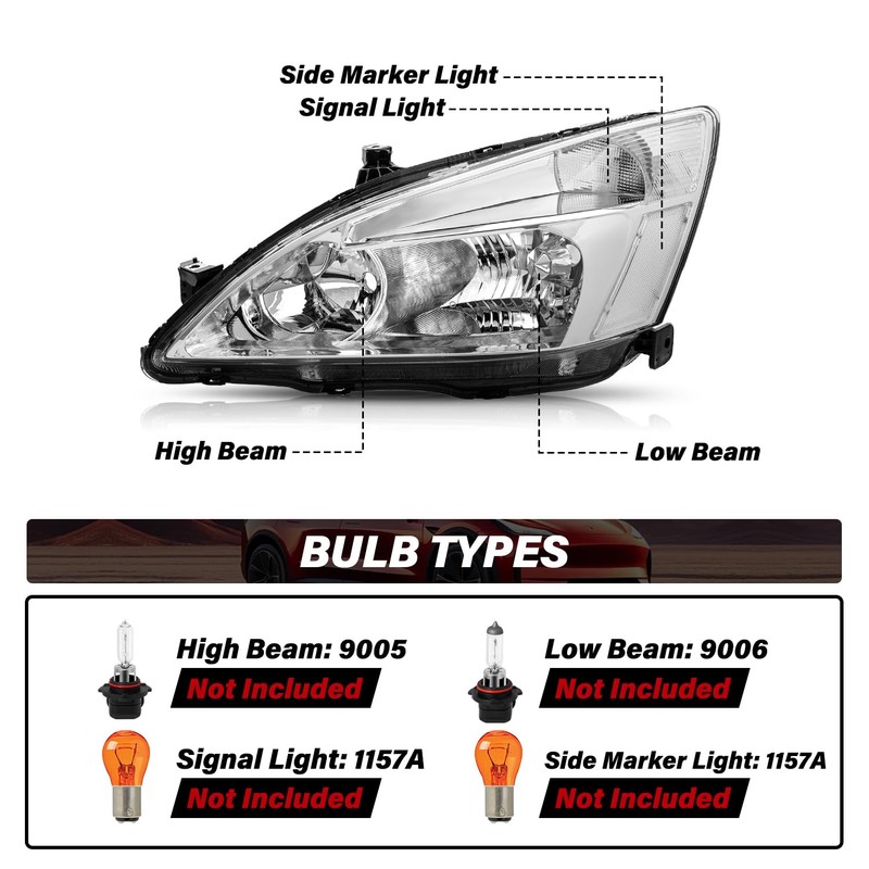 BRYGHT Headlight Assembly Set Replacement for 2003-2007 Honda Accord (Chrome