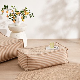 Cadence & Co. Oscar Striped Faux Linen Ottoman Stool Bean Bag Cover Extra Long Bed Support BeanBag Chair Indoor Decorative Pouffe Foot Stool Bench (Cover Only – Beans Not Included) - Natural