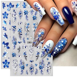 Blue White Petals Nail Stickers Flowers Relief Slider Flower Nail Stickers Spring Summer Flower Nail Sticker Flowers Orchid Lily Nail Sticker Flowers Nail Design Nail Accessories Nail Art