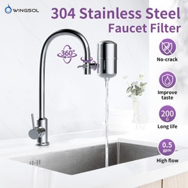 WINGSOL WINGSOL Stainless Steel Alkaline Water Filter for Sink Faucet, NSF/ANSI 42 & 53, Improve pH & Taste, Reduce Chlorine, Odor, Sediment & Microplastics, 360° Rotating Tap Purifier 200 Gallon
