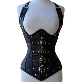 Leather Corset Steampunk Black Studs & Goth Style Buckle Closure Waist Trainer Steel Boned Underbust Strap Corset (US, Alpha, 5X-Large, Regular, Regular, Genuine Leather)