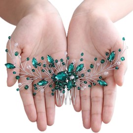 Wedding Hair Comb Bridal Rhinestone Hair Pieces Bride Bridesmaid Flower Headpiece Sparkly Crystal Hair Accessories for Women and Girls Green