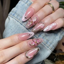YOSOMMK Nude French Tip Press on Nails Almond Shaped Medium Acrylic Nails Press ons Gold 3D Flower Artificial Fake Nail with Design 24Pcs Glossy Cover Glue Stick on False Nail for Women in 12 Sizes