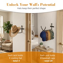 TOMIR Cowboy Hat Rack for Wall 4 Pack, Heavy Duty Metal Hat Hooks Organizer for Baseball Caps & Wide Brim Hats, Space Saving Storage for Entryway Mudroom Garage, Rustic Western Decor (Black)