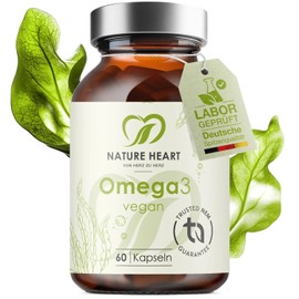 Nature Heart Omega 3 Capsules - Pack of 60 Vegan Algae Oil - DHA & EPA in 2:1 Ratio - High Dose, 100% Vegan & Fish Free - for Heart, Brain & Vision - Low in Harmful Substances, No Unnecessary Additives