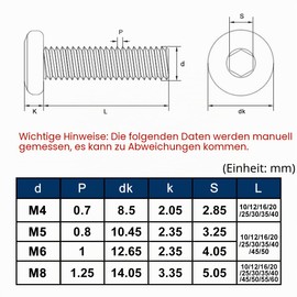 Drenky Flat Head Screws Black M8, Rounded Head Screws Pack of 10 Stainless Steel Screws M8 x 25 mm Furniture Screws Hex Socket for Furniture Assembly, Woodworking Projects