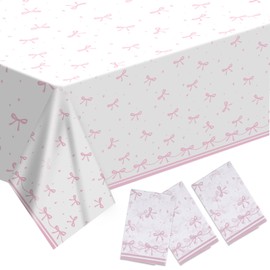 3 x Tablecloth Pink Bows, Rectangular Plastic Tablecloths Table Cloth Coquette Birthday Party Decoration Waterproof Birthday Tablecloth for Bride Baby Shower Hen Party