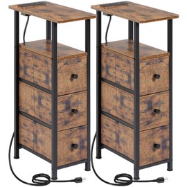 LOAKEKEL Narrow End Tables Living Room Set of 2 with Charging Station, Skinny Side Table with Fabric Drawers, Slim Nightstand for Bedroom, Small Spaces, Couch, Rustic Brown, HETNDP03PBR