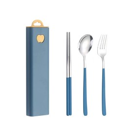 Cutlery Set, Stainless Steel, Chopsticks, Fork, Spoon, 3-piece Set, with Case, Combination Set, Outdoor, Portable Tableware Set, Hygiene, Students, Adults, Tableware Set, For Lunches, Work, School, Lunch Boxes, Camping, Portable (Dark Blue - Silver)