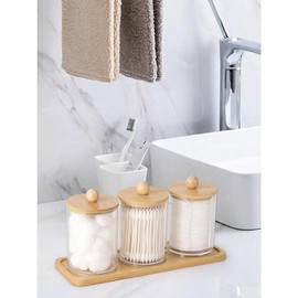 Bathroom Set With Tray (4PCS) - 3 Packs Acrylic Plastic Apothecary Jars Qtip Dispenser Jars With Clear Lids, 1-Piece Bamboo Dressing Table Tray For Makeup Round Pads, Swabs, Dorm Room - Size: Ball Cover Round Cup 2pcs