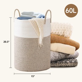 TOOCA BEAR Laundry Basket 60L Laundry Hamper with Handles,Decorative Blanket Basket Tall Woven Rope Storage Basket for Dirty Clothes,Toys,Blankets in Living Room, Bathroom&Bedroom(White&Brown)