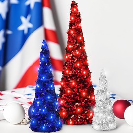 Ceenna 3 Pcs Independence Day Velvet Trees Set Independence Day Table Tree Decor Red Blue White Cone Decorations Centerpiece Holiday Mantel Shelf Ornament for Farmhouse Home Dining Party Supplies