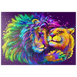 Artistic Neon Colored Lion Hugging Lioness In Pop Art Style - Premium 500 pieces Puzzle - MyPuzzle special collection from Puzzle Galaxy