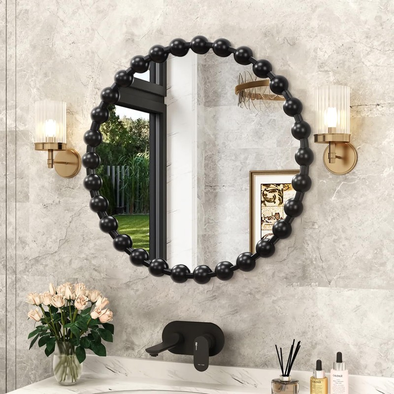 AAZZKANG Black Round Wall Mirror Metal Framed Beaded Mirrors Decorative