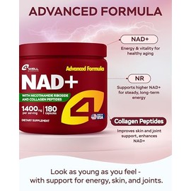4Well Products Suplemento de Nad de 1400 Mg para Un Envejecimiento Saludable. Complejo Con Ribósido de Nicotinamida Y Péptidos de Colágeno. Potente Fó