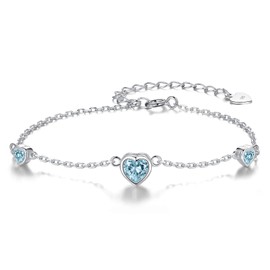 Sterling Silver March Birthstone Bracelet for Women, Pretty Blue Heart Birthday Anniversary Jewelry