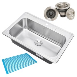 CozyBlock 33 x 22 x 9 Inch Top-mount/Drop-in Stainless Steel Single Bowl Kitchen Sink with Strainer and Silicon Dishrack - 18 Gauge Stainless Steel-1 Faucet Hole