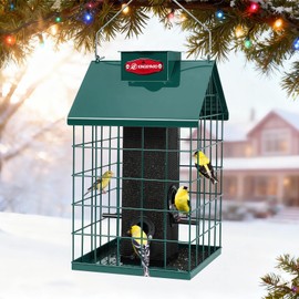 Kingsyard Squirrel Proof Caged Bird Feeder for Outdoor Hanging - Weatherproof Metal Mesh Tube Finch Bird Feeder with 4 Ports for Nyjer/Thistle Seed, Small Birds Goldfinches, Chickadees, Green