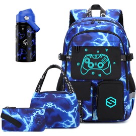 Scothen Boys Backpack, Cool Luminous Gamer School Backpacks for Boys with 14oz Insulated Water Bottle Lunch Bag Pencil Case, Kids Backpack Book Bags for Kindergarten Elementary Middle School