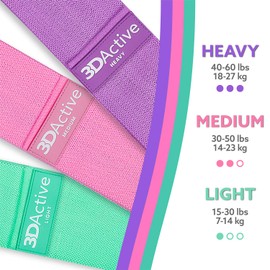 3DActive Resistance Bands for Legs and Buttocks, Wide Non-Slip Waist Band Set for Home and Gym, Includes Exercise Guide and Carry Bag (Purple, Pink, Green)