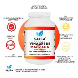 Vinagre De Manzana 500 Cápsulas | Saisa Herbal | Control De Peso | Mejora Digestión | Suplemento Natural | Detox