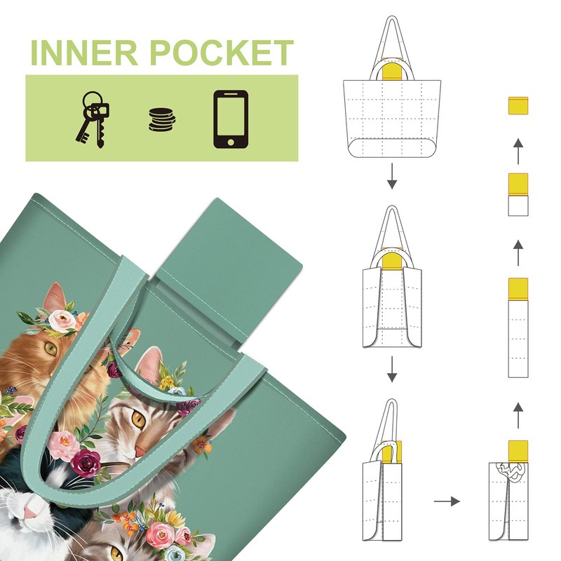 NymphFable 2 Pack Tote Bag Reusable Cute Cats Green Shopping