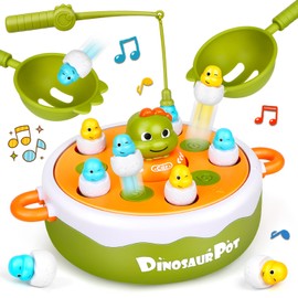 Dinosaur Magnetic Fishing Game, 4-in-1 Board Operation Game, Small Dinosaur Catapult Capture Game, Rotating Music Interactive Desktop Family Game Kids Toy 3-8 Children's Gifts