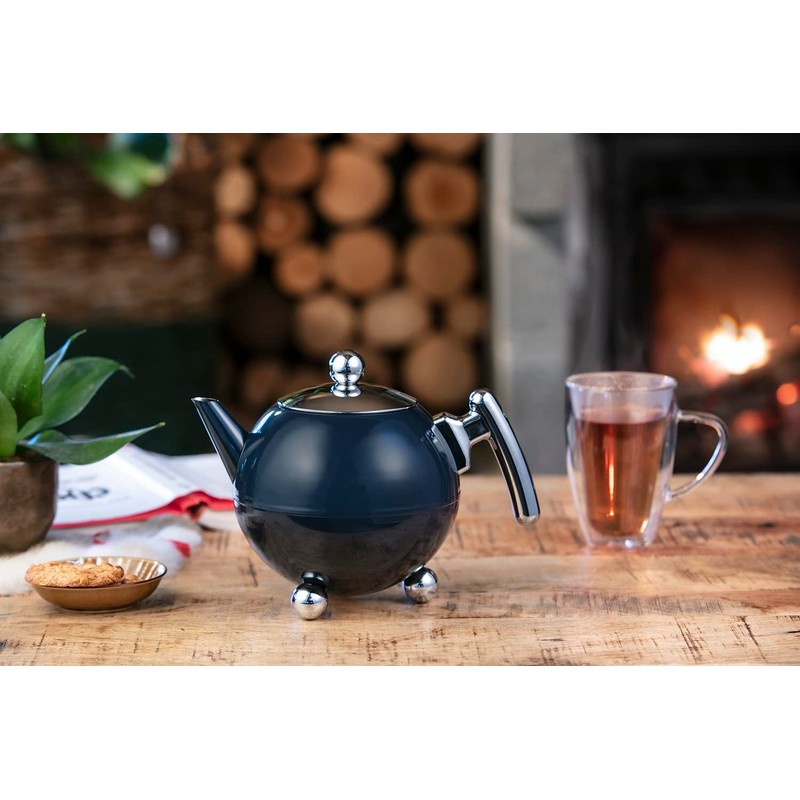 Bredemeijer Large Blue Bulbous Double-Walled Stainless Steel Teapot 1.2 Litres
