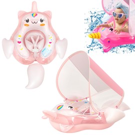 Newborn Baby Swimming Float 10-24 Months,Pink Unicorn Inflatable Baby Pool Float Ring with Sun Canopy Seat Anti-Flip Tail,Baby Swimming Ring Floating Swim Circle for Toddlers Infant Girls Swim Ring
