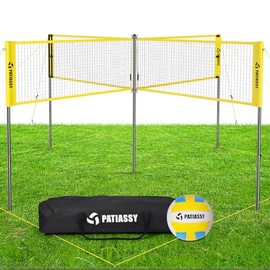 Patiassy 4 Square Volleyball Game Set, 16FT 4-Way Volleyball/Badminton Net Outdoor with Adjustable Height with Volleyball and Carry Bag for Outdoor Games