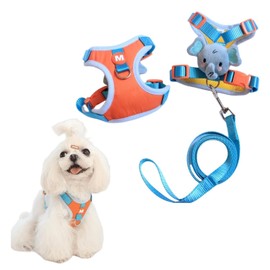 Small Dog Harness and Leash Set, Four-Point Adjustable Soft Mesh Dog Vest Harness and 1 Quickly Release Buckle, 5Ft Nylon Dog Leash with 360 Degrees Swivel Clip(Elephant L)