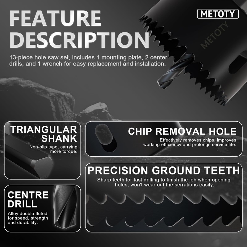 METOTY 22PCS Hole Saw Set - High Carbon Steel 19-152mm（3/4"