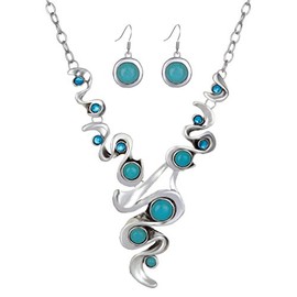 YAZILIND Hollow Tibetan Silver Green Rimous Oval Turquoise Haddock Collar Earrings Necklace Jewelry Set Women, Silver, Turquoise