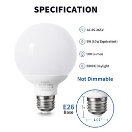 Pazetiv 4 Pack Daylight LED Globe Light Bulbs for Bathroom, 120V 60 watt Equivalent, E26 Medium Base, Non-Dimmable Vanity Light Bulbs Round, 5000K Bright G25 LED Bulb Over Mirror