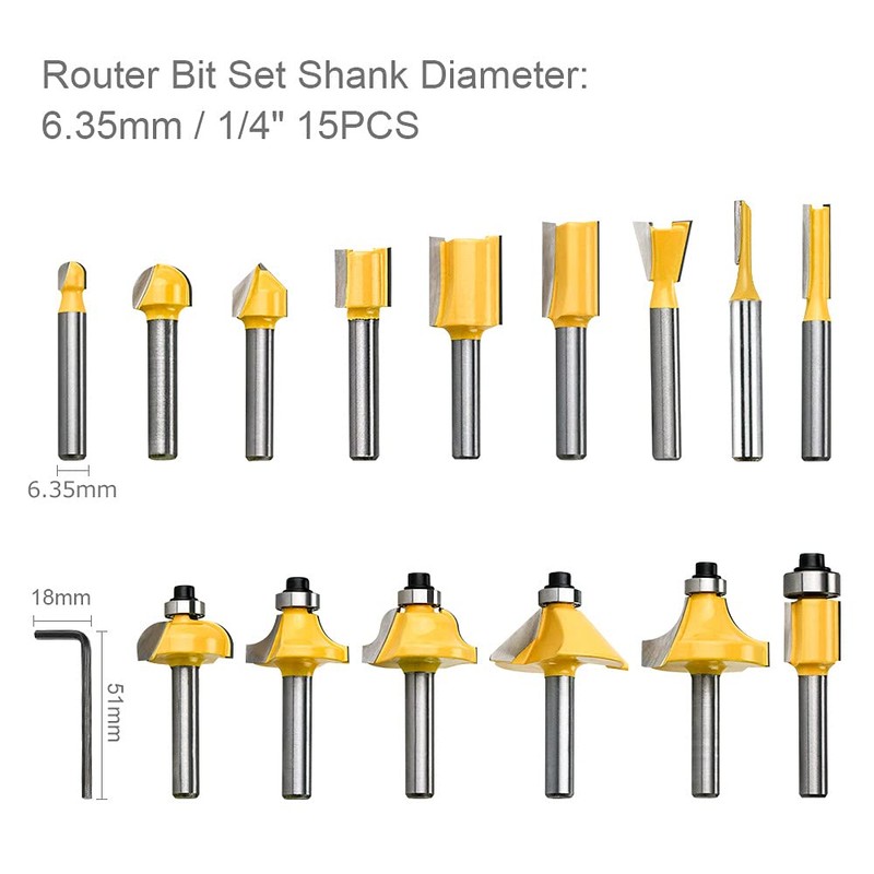 15-Piece Milling Cutter Set for Routers, Multi-Purpose Carbide Cutter 6.35