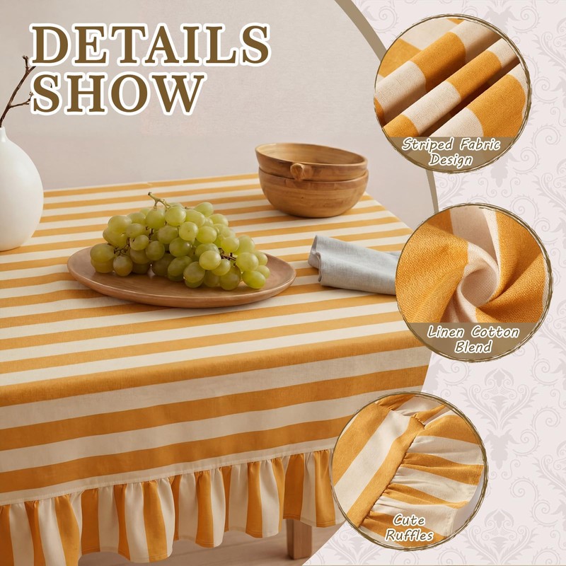 Tudomro 1 Pcs Ruffle Edge Striped Tablecloth, 84'' x 60''