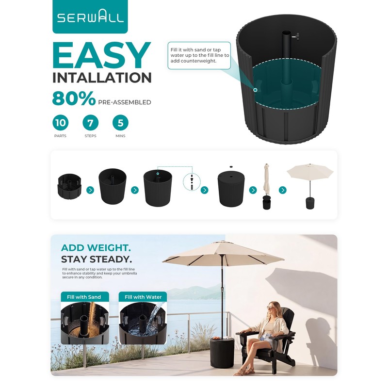 Outdoor Round Umbrella Side Table,3-in-1 Multi-Functional Use,Black