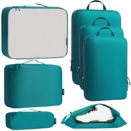 Bagail - Juego de 7 cubos de embalaje ultraligeros, 3 cubos de embalaje de compresión, 3 organizadores de embalaje con 1 bolsa de zapatos, verde azulado, Large