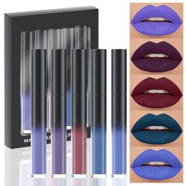 evpct- Juego de 5 pintalabios líquidos mate para mujer, color azul claro oscuro, ciruela, morado, rojo y violeta, mate  labios                        