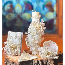 Set de Vela para Bautizo unisex/Juego completo para Bautizo/Color beige de la más alta calidad.