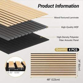 TONOR 4 PCS Wood Slat Panels, 48” x 24” x 1.2” Acoustic Panels for Wall, Decorative 3D Slat Panels for Sound Absorbing, Soundproof Panels for Living Room, Studio, Recording Room, Burly Wood