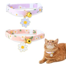 XIXKOLYU® 2 Pack Tear-Off Cotton Cat Collar with Bell, Pink and Purple Flower Pendant, Cute Cat Collar, Kitten Collar, Ideal for Cats