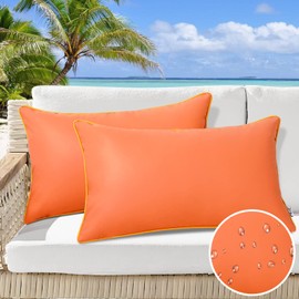 howdy textile Pack of 2 Outdoor Waterproof Pillow Covers 12x20 Inch Silicone Leather Bright Orange Patio Summer Fadeproof Lumbar Pillow Cover for Patio Furniture Garden Porch