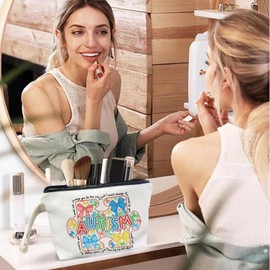 SQQCMM Autism Awareness Coquette Makeup Bag - Retro Autism Bow Themed Gifts for Lovers Girls Mom Women, Canvas Zipper Makeup Bag, Cosmetic Travel Bags for Women