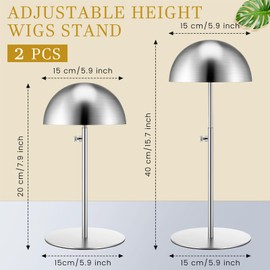 Sintuff 2 Pcs Hat Display Stand 7.9-15.7 Inch Adjustable Hat Holder Sturdy Wigs Head Stand Anti-rust Non-slip Stable Stainless Steel Metal Hat Rack for Multiple Hats Storage Wig(Silver,Round Base)