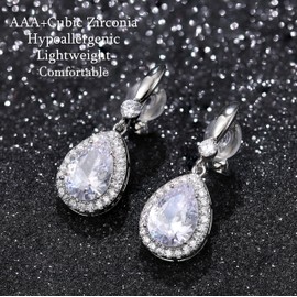 THUNARAZ Elegant Clip on Earrings for Women Sparkling Teardrop Dangle Clip Earrings Non-Pierced Clear Rhinestone Cubic Zirconia Wedding Prom Jewelry Silver Tone