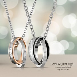 Flongo Partner Friendship Necklace BFF Chain for 2 Couples Pendant Necklace with Engraving Rings Pendant for Men, Women, Stainless Steel