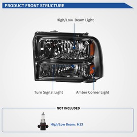 oEdRo Headlight Assembly Compatible with 2005 2006 2007 Ford F250 F350 F450 F550 Super Duty/2005 Excursion, Headlamp with Amber Reflector, Smoke Lens Chrome Housing